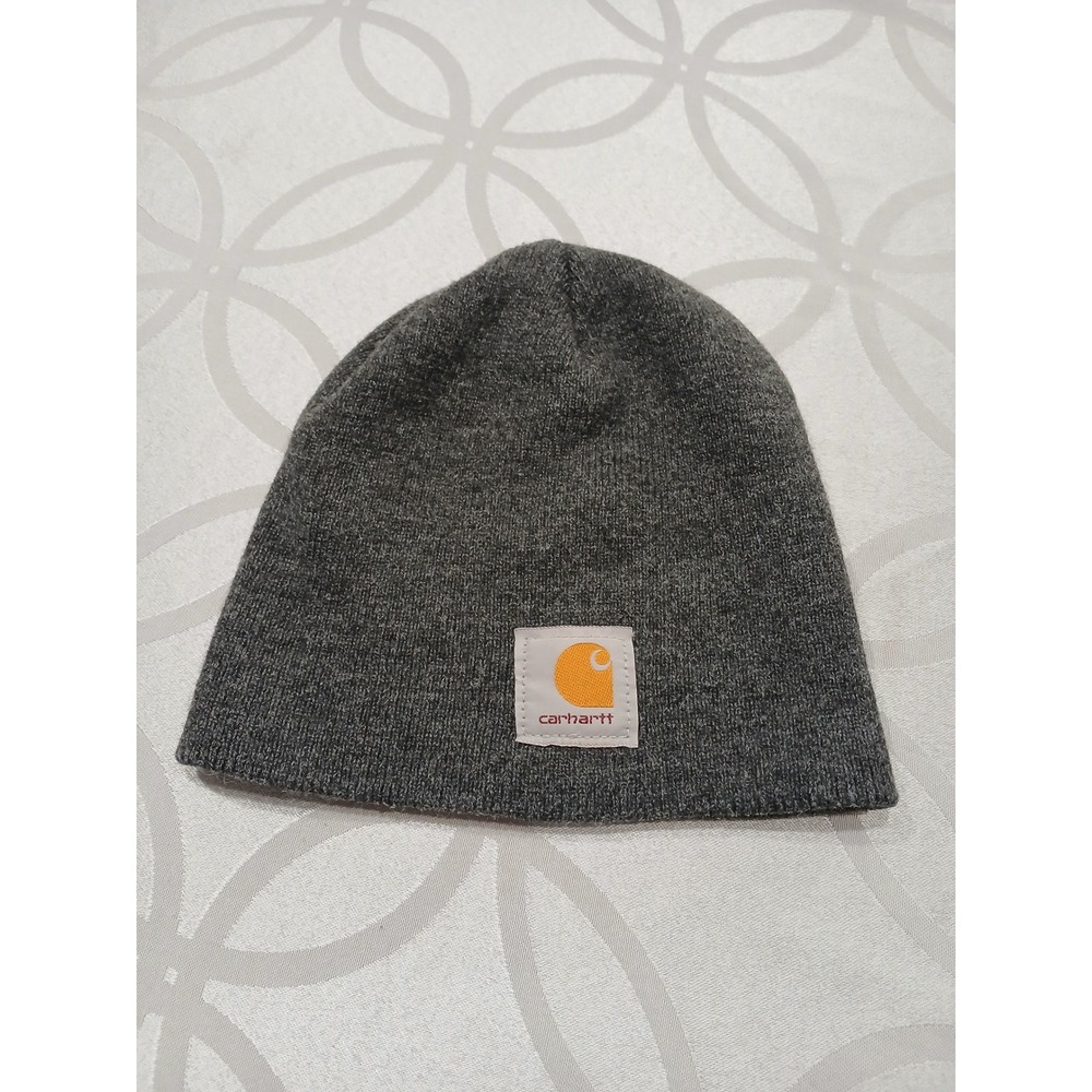 Carhartt Mens Gray Knit Beanie Hat Logo Patch Classic Winter Skull Cap